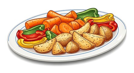 A realistic cartoon plate of roasted vegetables — carrots, potatoes, and peppers — beautifully arranged, bright colors, detailed textures, isolated on white.