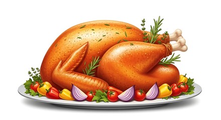 A realistic cartoon roasted turkey on a large platter, golden brown with crispy skin, garnished with herbs and vegetables, vivid colors, detailed textures, isolated on white background.