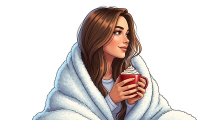 A realistic cartoon young woman with long hair, sitting with a hot cocoa and fluffy blanket, looking out with a gentle smile, warm and detailed textures, white background.