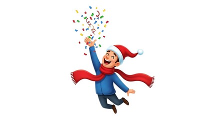 A realistic cartoon man wearing a scarf and Santa hat, tossing confetti in the air, joyful movement, vivid colors, pure white background.