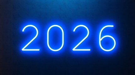 Neon blue 2026 sign illuminates the dark wall, symbolizing the coming year