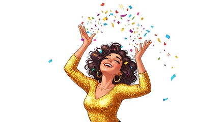 A realistic cartoon woman with curly dark hair wearing a gold sequin top, tossing confetti in the air with joy, lively festive mood, detailed sparkle effects, white background.