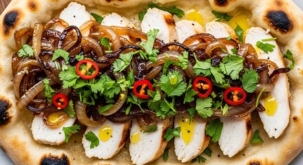 Grilled chicken and caramelized onions are layered artfully on a flatbread, topped with fresh herbs and chili flakes.