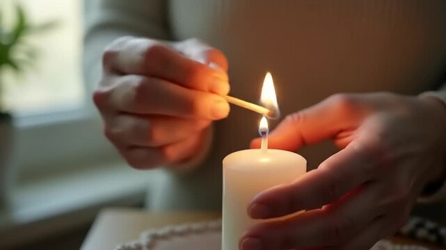 Lighting a white candle Cozy indoor setting.