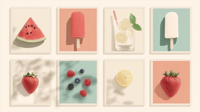 Various refreshing summer treats featuring fruit and popsicles arranged on a pastel background suitable for a warm, sunny day - Powered by Adobe