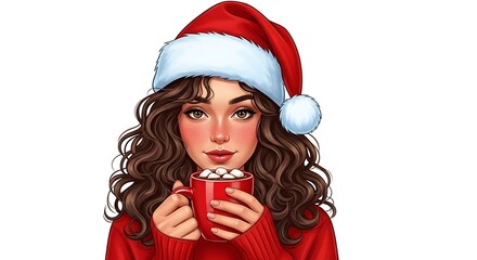 A realistic cartoon young woman with curly hair wearing a Santa hat, holding a mug of hot cocoa with marshmallows, cozy expression, vivid colors, white background.