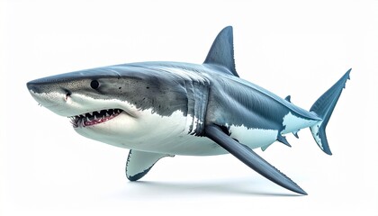 Fototapeta premium Great White Shark full body profile isolated on a white background.