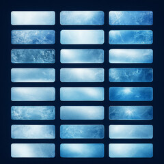 Illustration of collection of ice texture buttons in a blue color scheme on dark background