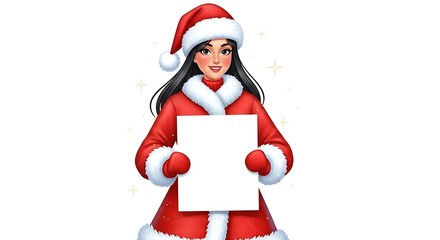 A realistic cartoon woman wearing a detailed red coat with fur trim and Christmas hat, holding a blank poster with both hands, surrounded by subtle holiday sparkle effects, rich textures and vibrant c