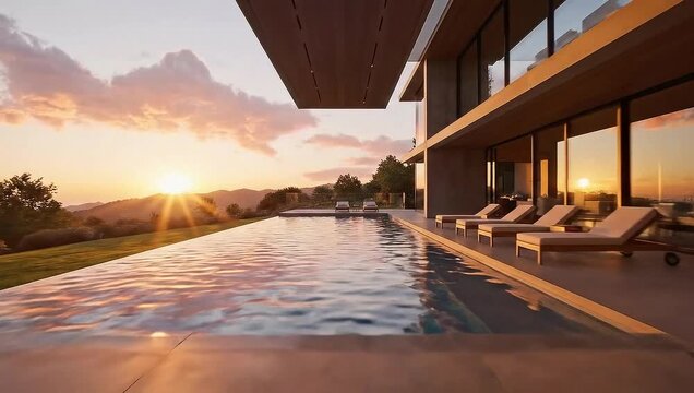 Smooth camera move along infinity pool of a luxury modern villa at golden sunset.