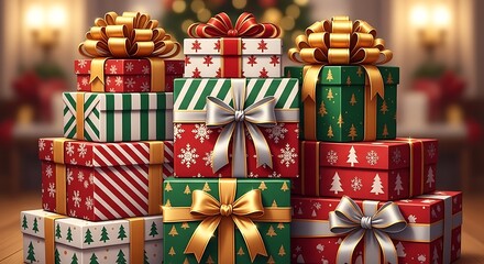 Stack of Christmas gifts tied with elegant ribbons, golden highlights, cartoon realism.