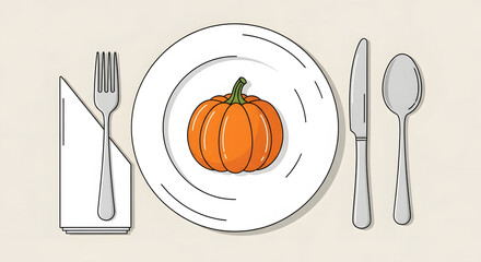 Autumn Harvest Place Setting: Elegant Plate with Orange Pumpkin, Silverware, and Napkin for Festive Dinner Table Decoration Thanksgiving Season