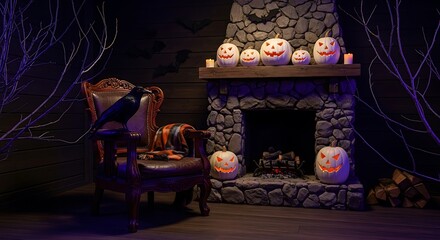 Spooky Halloween interior glowing jack-o'-lanterns on a rustic fireplace with a mysterious crow