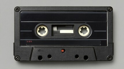 Obraz premium A close-up view of a classic black audio cassette tape. The cassette tape is resting on a simple grey backdrop