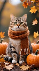 cute autumn cats with cozy scarves pumpkins and falling leaves composition 9_16 vertical high detail ultra-detailed