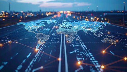 A stylized world map glows on a road or runway at dusk. City lights dot the background and a network overlay connects the land masses