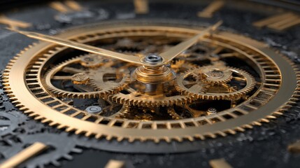 Fototapeta premium Close-up of a golden vintage clock with intricate gears. The hands of the clock point to a specific time, adding a sense of elegance and sophistication to the scene