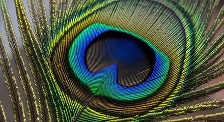 Obraz premium A detailed close-up view of a peacock feather, showcasing its vibrant colors and intricate structure.