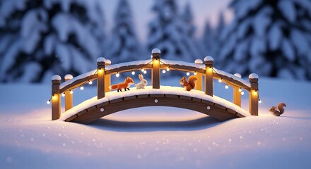 Cute snow-covered bridge with tiny animals crossing, soft warm lights, cartoon-realistic style.