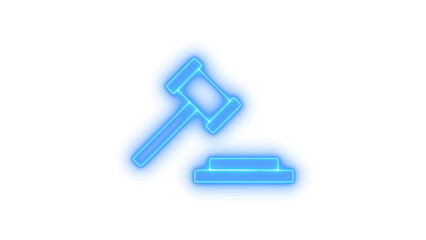 Glowing neon legal gavel or judgment hammer icon isolated on transparent background. Justice symbol. Court ruling. Authority. Legal system. Auction.