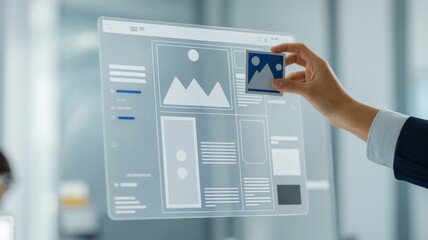 Hand Arranging Content on a Digital Publishing Layout Interface. digital editor hand dragging an image block on a clean, translucent digital publishing interface. The interface shows a magazine