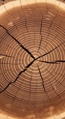 Fototapeta premium A detailed close-up view of a tree trunk cross-section, showcasing intricate growth rings and radiating cracks.