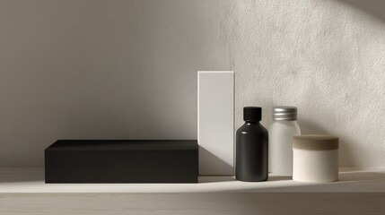Minimalistic composition of three objects on a white surface against a beige wall.