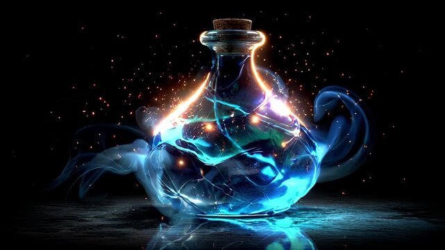 Magical Potion Bottle Glows with Enchanting Blue Colors and Sparkling Light Effects in Darkness