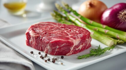 A raw steak with fresh vegetables arranged on a plate, ready for cooking