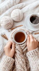 Cozy Winter Morning with Hot Drink and Knitting