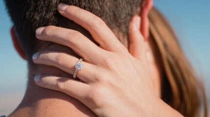 An engagement ring sparkles on a person's hand, creating a moment of love. The couple is shown embracing each other