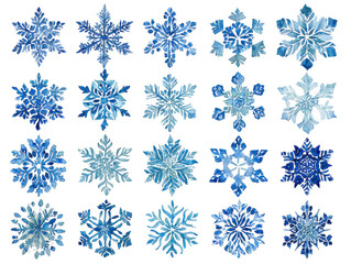 Collection of 20 unique realistic blue snowflake designs for winter holiday decorations isolated on transparent background