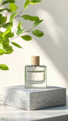 Perfume Bottle on Stone Pedestal with Green Leaves