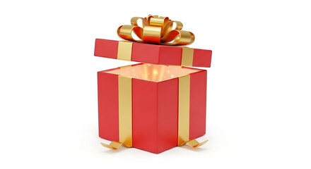 A shiny red gift box with a golden ribbon opening, glowing light coming from inside, isolated on white.