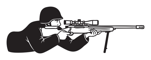 Fototapeta premium Black and white illustration of a soldier in a prone position aiming with a sniper rifle, featuring a focus on precision and military tactics.