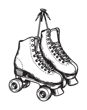 Black and white hand-drawn illustration of a pair of vintage roller skates hanging by their laces, showcasing classic design elements and sturdy wheels.