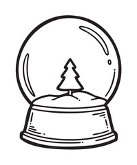 Black outline drawing of a snow globe containing a small tree, with simple lines and minimal detailing.
