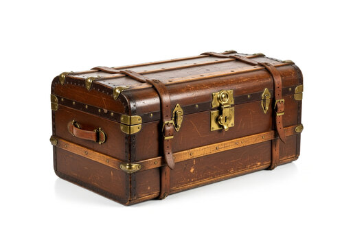 Treasure chest with leather straps, vintage storage trunk for adventure decor on a white background