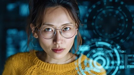 Young female it specialist working on a futuristic computer interface, touching a hologram with her finger to access data. Brilliant engineer using an advanced system with augmented reality - Powered by Adobe