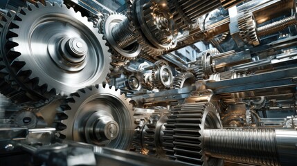 Fototapeta premium Close up of gears and cogs interlocked, illustrating technology and mechanics. The image offers a dynamic view of how different gears work together