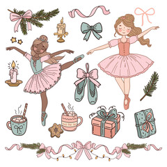 Charming Christmas doodle set with ballerinas, cups, cookies, candles, gifts, bows, and pine branches. Elegant hand-drawn illustrations with cozy holiday and ballet vibes.
