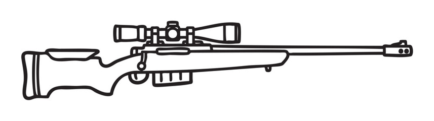 Naklejka premium Black outline drawing of a sniper rifle with a mounted scope viewed from the side, showcasing its detailed components and structure.