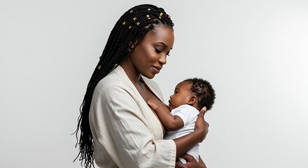 “Cute 3D mother with braids breastfeeding her baby, cozy mood, smooth skin, warm tone, high-quality render, isolated white background.”