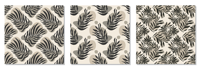 Set of trendy minimalist seamless botanical pattern with abstract creative hand drawn composition in neutral colors ideal for interior design, wallpaper, minimal background, vector illustration