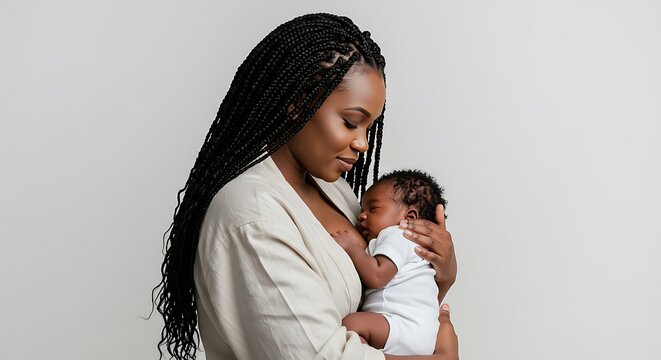 “Cute 3D mother with braids breastfeeding her baby, cozy mood, smooth skin, warm tone, high-quality render, isolated white background.”