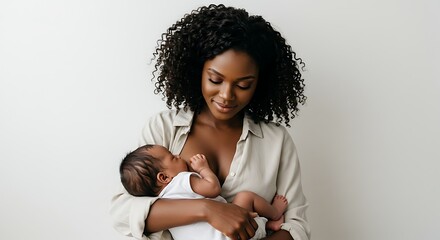 “Black mother breastfeeding her newborn baby in a soft white environment, natural daylight, warm skin tones, smooth shadows, pure white background, realistic photography, emotional connection, high-re