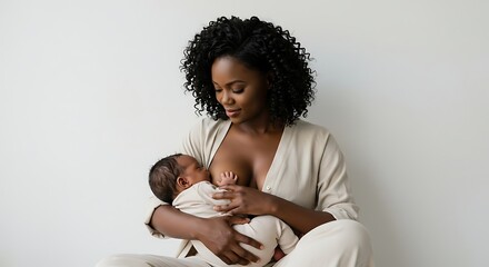 “Black mother breastfeeding her newborn baby in a soft white environment, natural daylight, warm skin tones, smooth shadows, pure white background, realistic photography, emotional connection, high-re