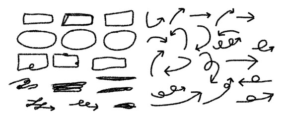 Hand Drawn Arrows, Circles and Lines Set. Vector Arrow Icons Collection on White Background