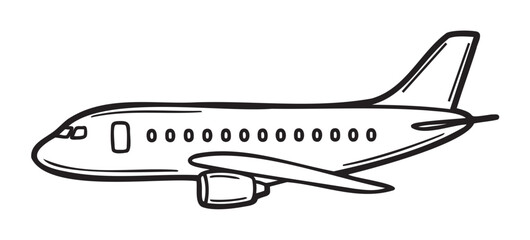 Black outline drawing of a passenger airplane with a side view, highlighting its wings, windows, and tail on a plain white background.