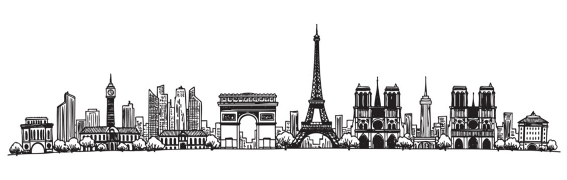 Black and white outline drawing of paris skyline featuring the eiffel tower, arc de triomphe, and notre-dame cathedral, surrounded by modern and historical buildings.